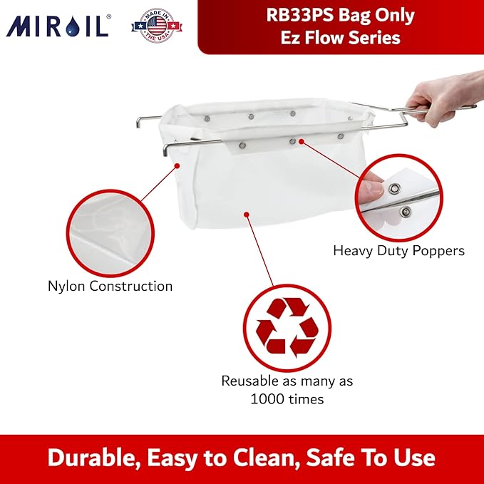 Miroil B33PS Fryer Filter Frame & Bag Combo, MirOil EZ Flow Filter Bag, Part 12849, For Heavy Crumbloads, Suitable for 16 Qt or 28 lb Polishing Oil, Durable, Easy to Clean with Hot Water