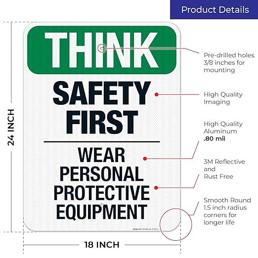 Think Safety First Wear Personal Protective Equipment Sign, 18x24 Inches, 3M EGP Reflective .080 Aluminum, Fade Resistant, Made in USA