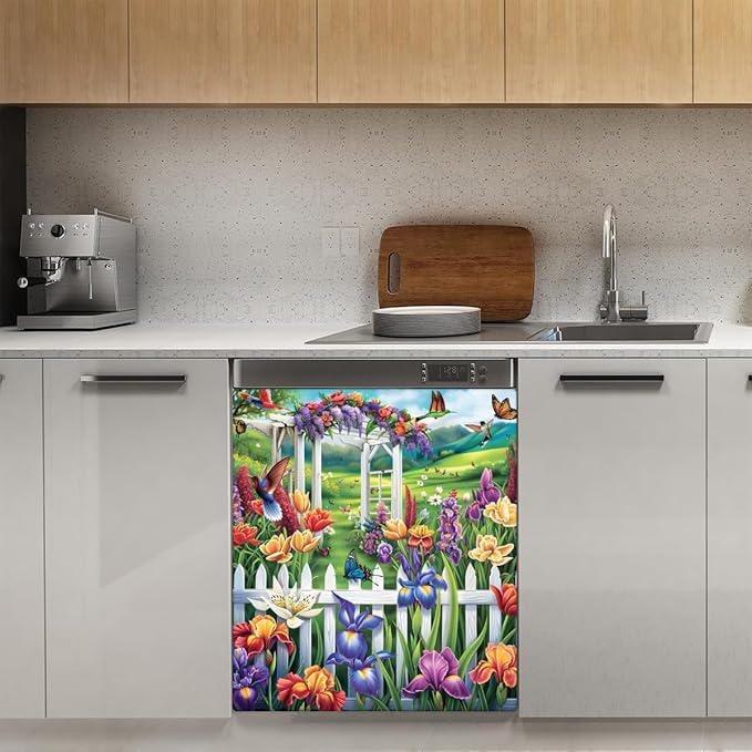 Garden Iris Bird Butterflies Dishwasher Magnet Cover, Reusable Refrigerator Panel Stickers Microwave Front Door Covers Magnets for Kitchen Home Appliances Holiday Party Decorations 23 X 26 in