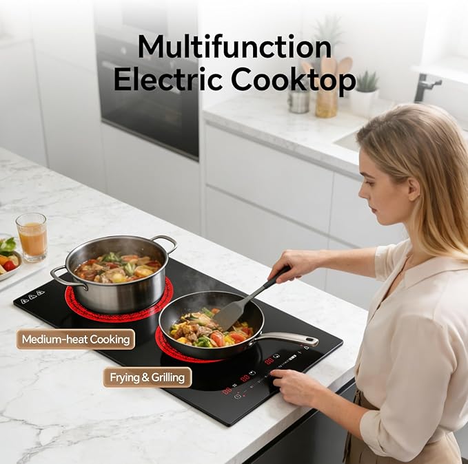 Ranein Electric Cooktop with 2 Burners, 12 inch 3000W 240V Ceramic Panel Electric Cooktop, Multiple Safety Protections Stove, Touch Screen