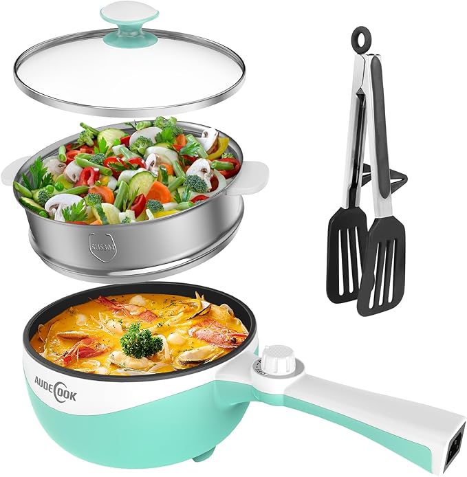 Audecook Hot Pot Electric, 1.7L Mini Electric Skillet Portable Nonstick Sauté Pan with Power Adjustment, Ramen Cooker Travel Multicooker for Steak/Soup/Egg/Oatmeal/Noodles (Tongs for Cooking Included)