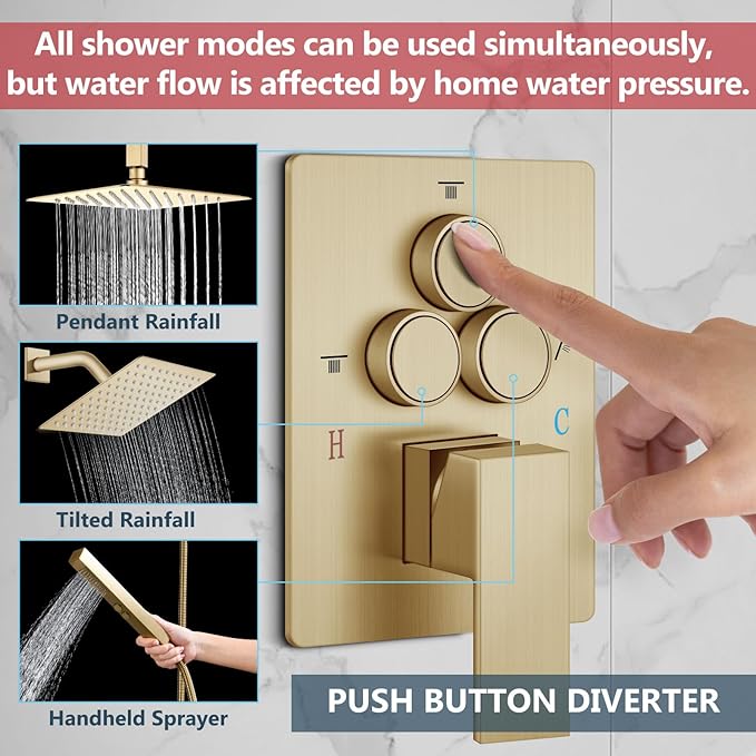 Aolemi Shower Faucet Set Ceiling Mount Shower System Rough-in Valve and Shower Trim Kit 2 in 1 Handheld Spray Push Button Diverter 12 and 6 Inch Dual Shower Head Brushed Gold