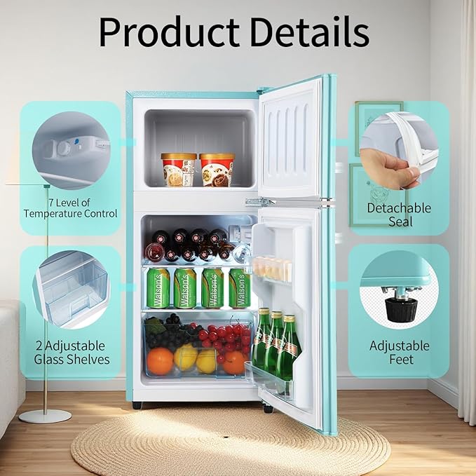Anukis 3.2 Cu.Ft Retro Refrigerator with Freezer, 2 Door Mini Fridge with Adjustable Thermostat,Small Refrigerator for Apartment, Dorm, Office, Family, Basement, Garage (Mint Blue)