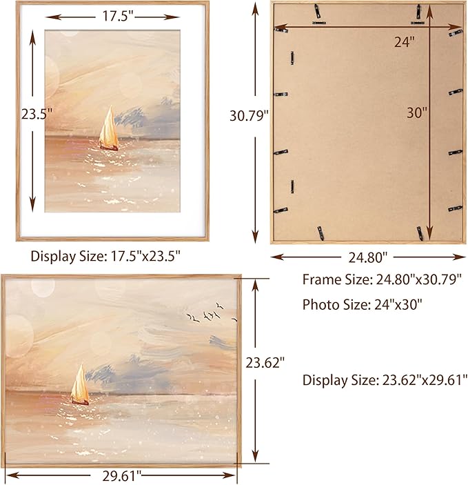 Fun Memories 24x30 Oak Wood Picture Frame, 24"x30" Poster Frame for Wall, Rustic Wood Frame 24x30 with Real Glass, 24 x 30 Frame with Mat for 18 x 24, Large Art Frames (Beige Oak Color, 1 Pack)