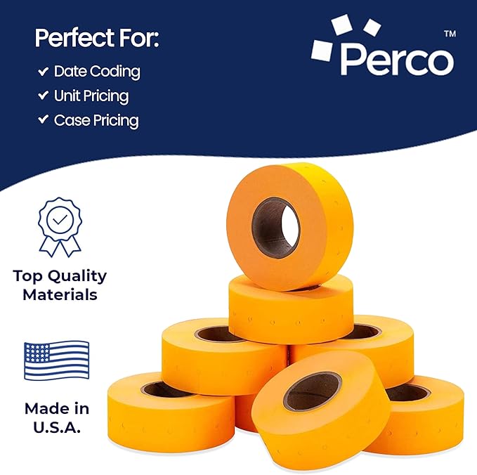 Perco 1 Line Fluorescent Orange Labels - 32 Rolls, 4 Sleeves, 32,000 Blank Price and Date Gun Labels for Perco Lite, X, Plus and Pro 1 Line Price and Date Guns - Made in USA