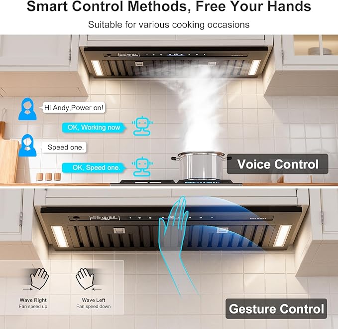 BRANO Range Hood Insert 30 Inch, 900 CFM Voice/Gesture/Touch Control Build-in Kitchen Hood Vent with 4 Speed Exhaust Fan, Memory Mode, Adjustable Lights, Ducted/Ductless Convertible