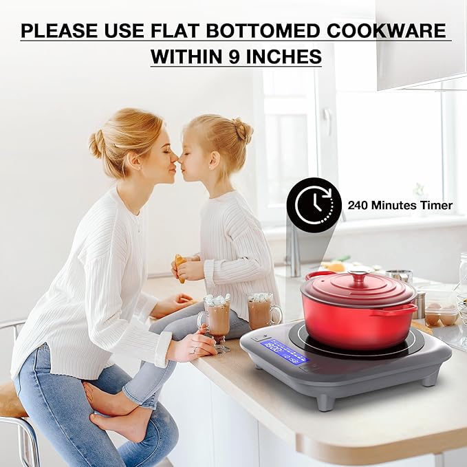 VBGK Induction Cooktop, 1800W Single Burner Induction Burner,Hot Plate with 5 Cooking Modes,Stove Top with 9 Temperature Levels, 4H Timer