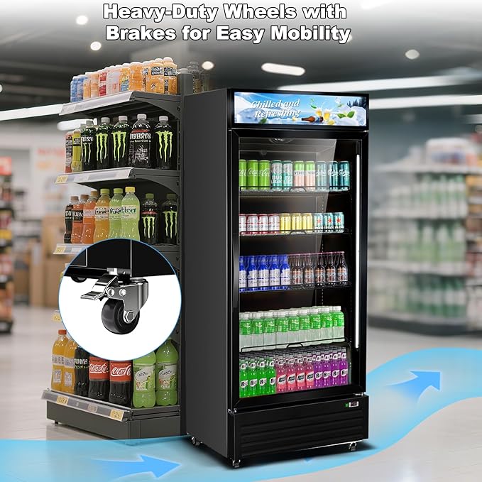 Tylza Commercial Refrigerator with Glass Door Display Beverage Fridge, 21.2 Cu Ft Upright Beverage Cooler Merchandiser with Rebound Door, Fast Cooling, Low Noise, Black
