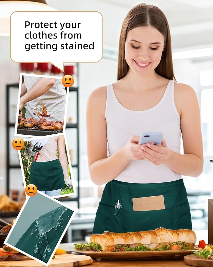 Argstar 2 Pack Server Apron with 4 Pockets, Waitress Waiter Waist Short Aprons(Available in 60/120 Pack)
