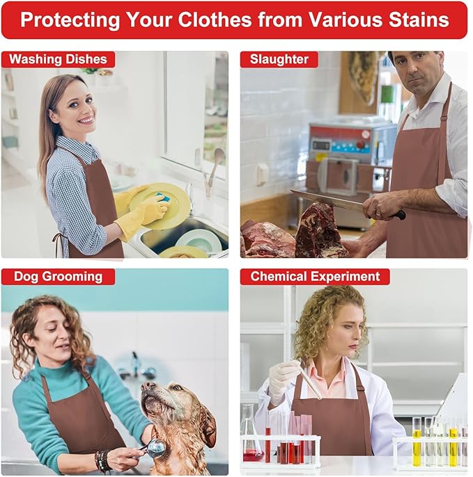 3-Layer Waterproof Apron - Pocket-Free Hygienic Design for Dishwashing & Dog Grooming - Lightweight Durable Protection for messy Kitchen Cooking, Baking, for Men & Women (3 Pack,Brown)
