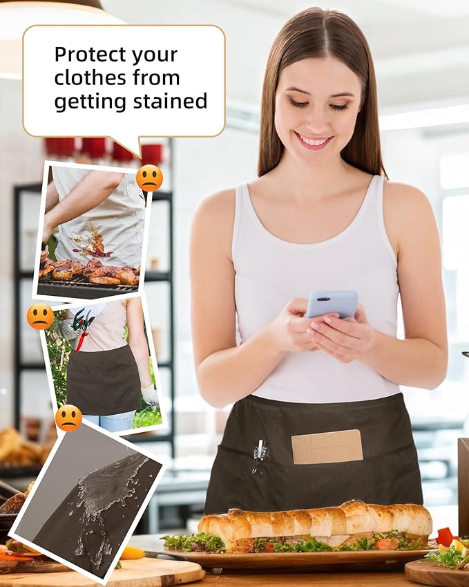 Argstar 2 Pack Server Apron with 4 Pockets, Waitress Waiter Waist Short Aprons(Available in 60/120 Pack)