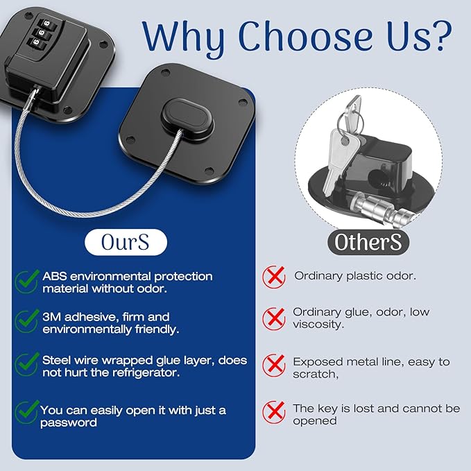 Fridge Refrigerator Lock with Combination, Heavy Duty Lock for Cabinet, Drawers, Closet, Safety Easy Install No Keys Needed (Black-2Pack)