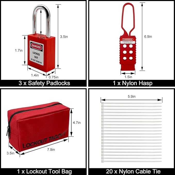 Lockout Tagout Kit Electrical Loto - Group Lockout Hasps, Lockout Tags, Safety Padlocks with Number, Nylon Ties with Pocket Bag(Red Kit)