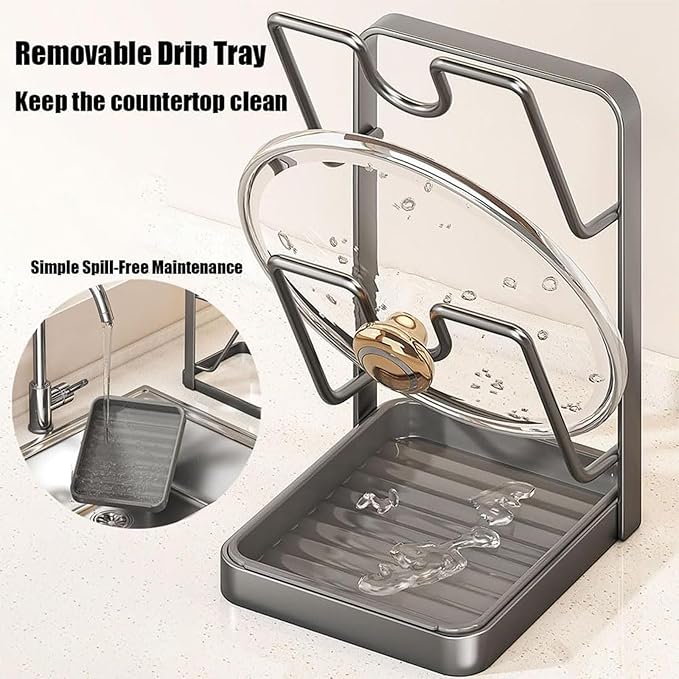 Kitchen Pot Lid Storage Rack, Multifunctional Stainless Steel Pot Lid Holder While Cooking, Pot Lid Organizer with Removable Drip Tray, Two-Compartment Spatula Holder for Stove (Gray,Single-layer)