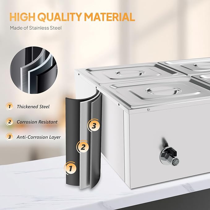 ROVSUN 42.3QT 1200W Electric Commercial Food Warmer, 4-Pan Steam Table 10.6 QT/Pan Stainless Steel Bain Marie Buffet Countertop with Temperature Control & Lid for Parties, Catering, Restaurants 110V