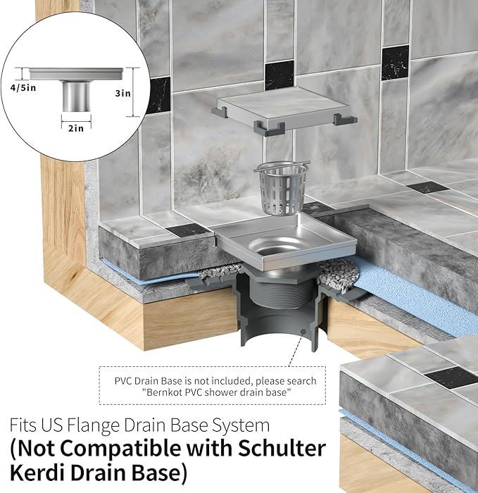 Square Shower Drain 4", Brushed Gold Floor Drain with Tiled Insert Grate & Hair Strainer, 304 Stainless Steel Bathroom 2-in-1 Tiled in Drain, CUPC Certified (Brushed Gold, 4'')