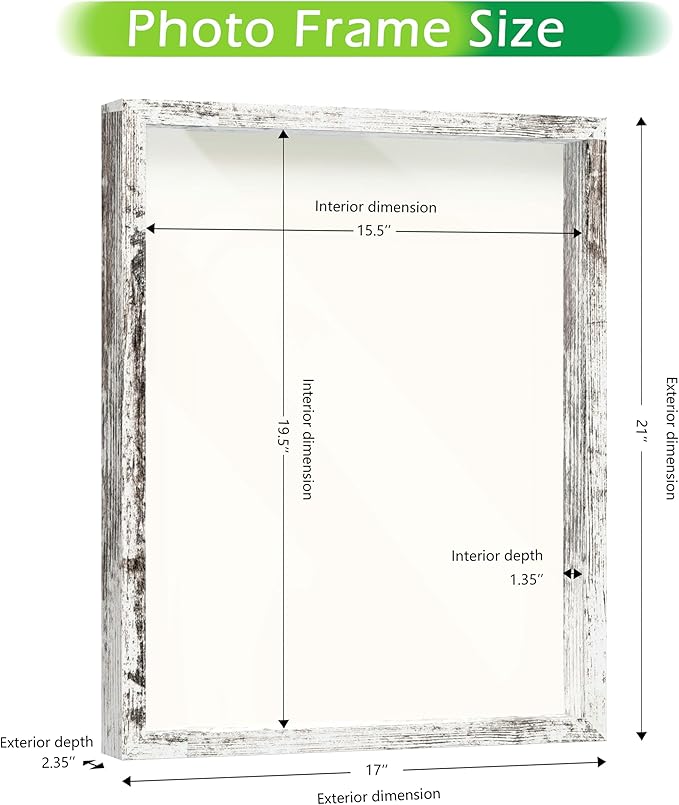 FrameWorks 16" x 20" White Driftwood Wooden Shadow Box Frame – Soft Felt Back, Tempered Glass, and Included Elegant White Ball Push Pins
