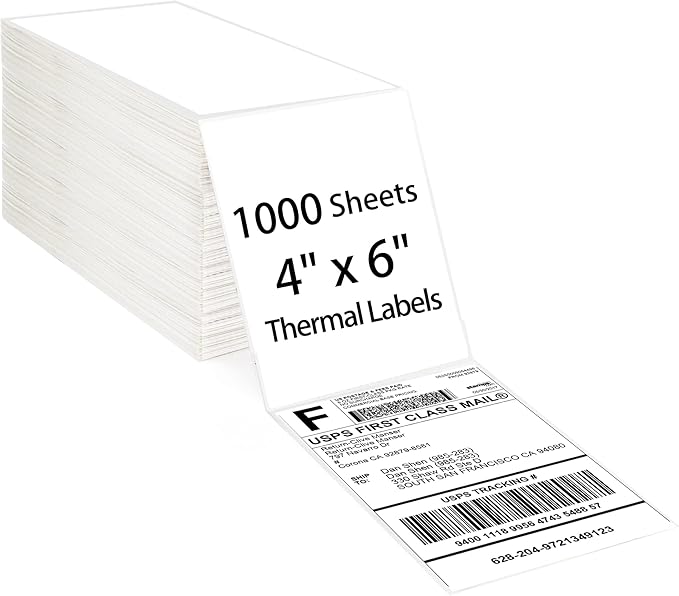 LotFancy 4x6 Direct Thermal Shipping Labels, 1000 Thermal Labels Fanfold with Perforated and Strong Adhesive, White Mailing Label Compatible with Zebra, Rollo Printer