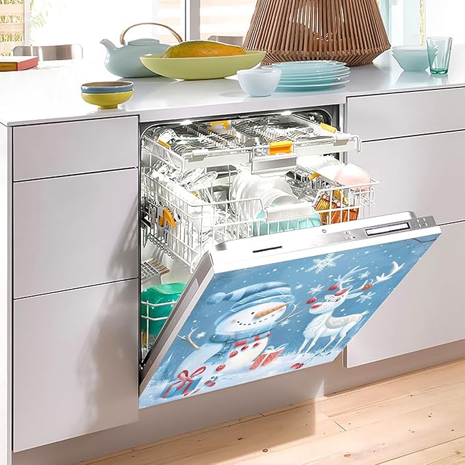 Christmas Snowman Elk Dishwasher Magnet Cover Panel Winter Blue Magnetic Dishwasher Covers Refrigerator Sticker Decal Xmas Decorative Washing Machine Cover for Home Kitchen,23x26in