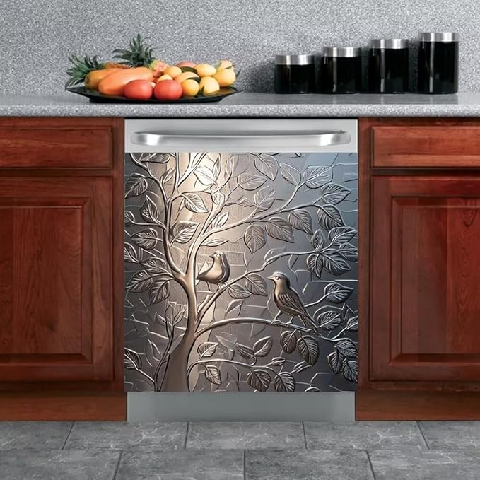 Stainless Steel Bird Dishwasher Magnet Cover - Kitchen Decorative Silver Dishwasher Cover Fridge Panel Decal, Magnetic Refrigerator Sticker Front Door Decals, Magnetic 23"X26"
