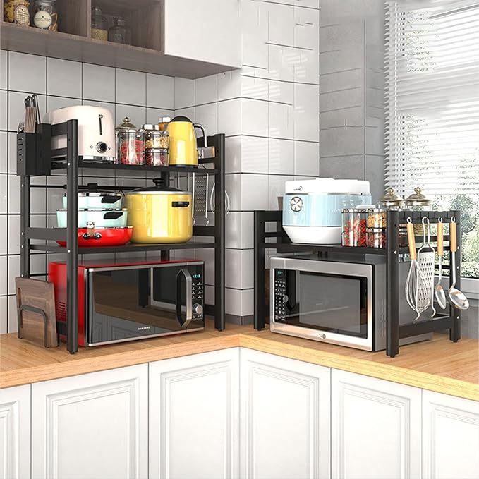 Microwave Storage Rack Microwave Oven Rack, Retractable Counter Toaster Storage Stand Shelf Kitchen Counter Shelf Microwave Mount Stand/2Tier