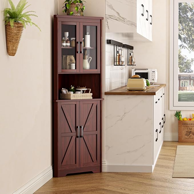 67''H Dark Brown Tall Corner Storage Cabinet with 4 Tempered Glass Doors and Barn Doors, Home Space Saver Decoration Farmhouse Cabinet with 5 Adjustable Shelves for Kitchen, Living Room
