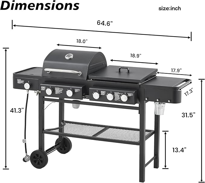 5-Burner Propane Gas Grill with Grilling & Griddling Functions-751 Sq Inch Cooking Space,56000 BTU Output,3-in-1 Combo (Gas Grill + Flat Griddle + Side Burner),Easy-Clean Enamel-Coated Grates