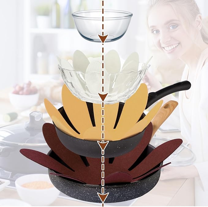 Queekay 12 Pcs Felt Pot and Pan Protectors 12/14/16 Inch Larger Thicker Pan Protector Pads, Colorful Pot Separators for Stacking Cookware Organizing Protecting(Yellow Brown)