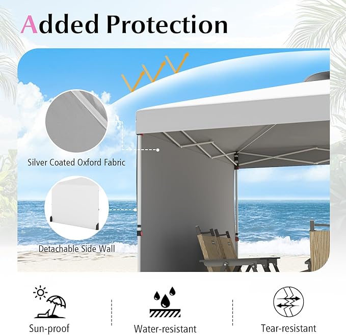 Tangkula 10x10 FT Pop up Canopy with Sidewall, Easy Setup Outdoor Tent with Wheeled Bag, 4 Sandbags, 4 Ropes, 4 Anchors, 8 Stakes, Vented Top, Portable Canopy Tent for Party Event Patio (White)