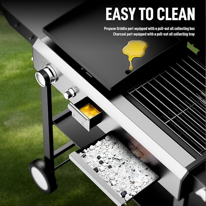 Bonnlo Propane Flat Top Griddle and Charcoal Grill Combo with Lid, Powerful 12,000 BTU Grills with Side Shelves & Foldable Legs, 4 Burners Grill with Movable Wheels for Outdoor BBQ Camping Use