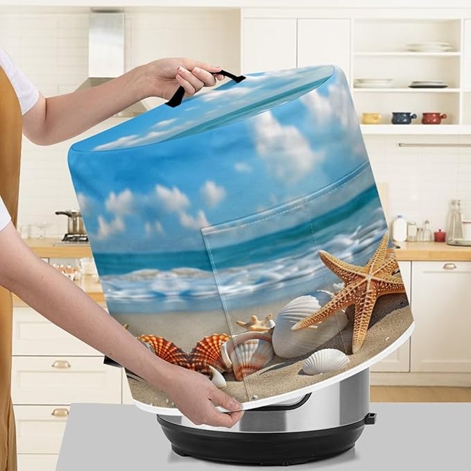 TODIYADDU Stylish Starfish Shell Electric Pressure Cooker Cover Round Protective Cover Bag with Pocket and Handle for Instant Pot or Rice Cooker Kitchen Small Appliance Dust Covers Holiday Gifts