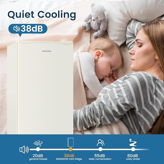 BANGSON Mini Fridge with Freezer, 3.2Cu.Ft, Single Door Small Refrigerator, Energy-efficient, Low Noise, Mini fridge for Bedroom Dorm and Office, Cream White
