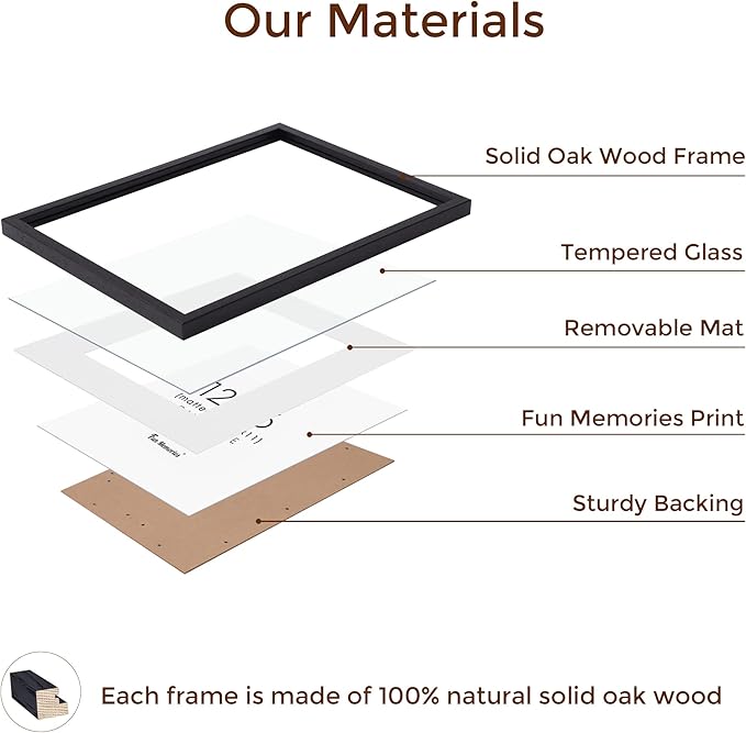 Black Picture Frame 12x16, Oak Wood 12"x16" Photo Frame for Wall, 12x16 Frame with Mat for 8.5x11, 12 x 16 Poster Frames - Tempered Glass (Black, 1 Pack)