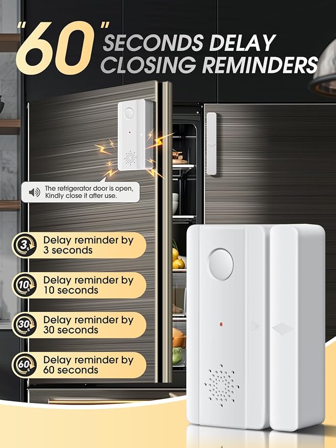 Freezer Door Alarm with Adjustable Voice Reminders (60s/30s/10s/0s Delay) for Open Freezer or Refrigerator Doors