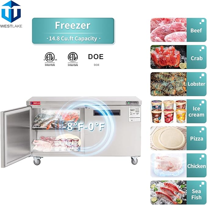 WESTLAKE 60" W Commercial Freezer Worktop Undercounter Freezer 14.8 Cu.ft Single Door Stainless Steel Counter Fan Cooling Freezer Food Prep Station for Restaurant, Bar