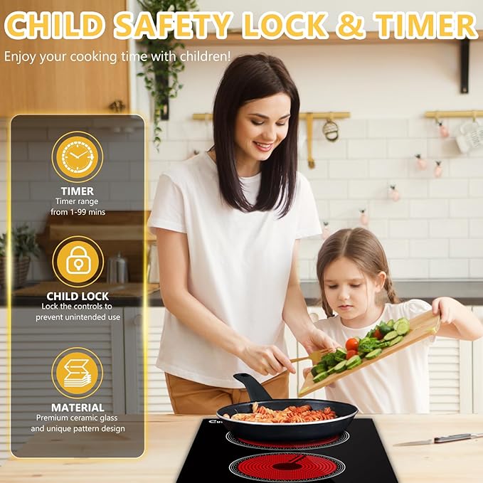 2 Burner Electric Ceramic Cooktop, 110-120V Plug In Countertop Stove, Touch Control with 99-Min Timer, Child Lock & Auto Shutoff, 12 Inch Radiant Cooktop for Indoor Cooking
