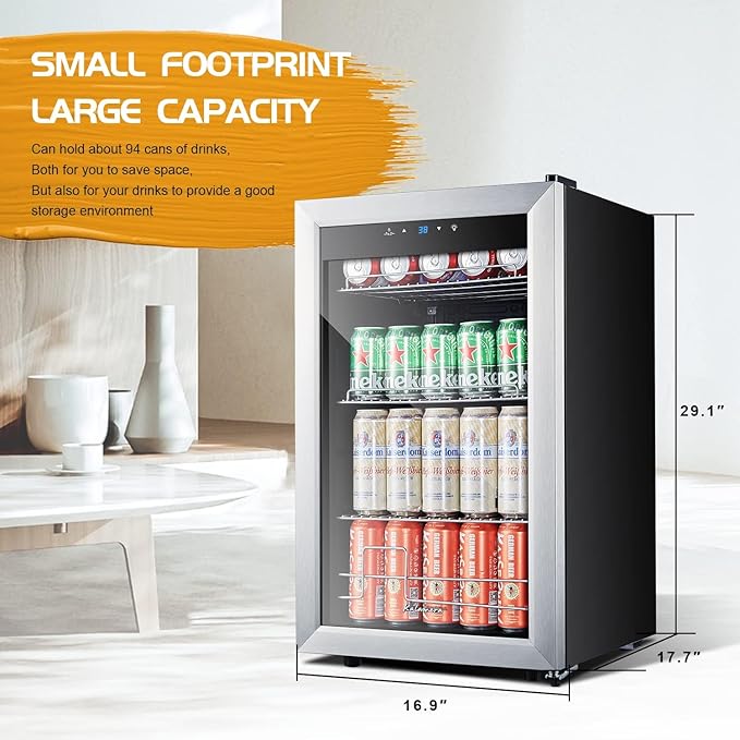 Kalamera Mini Beverage Refrigerator Cooler- 102 Cans Capacity Freestanding- For Kitchen or Bar with White Interior Light
