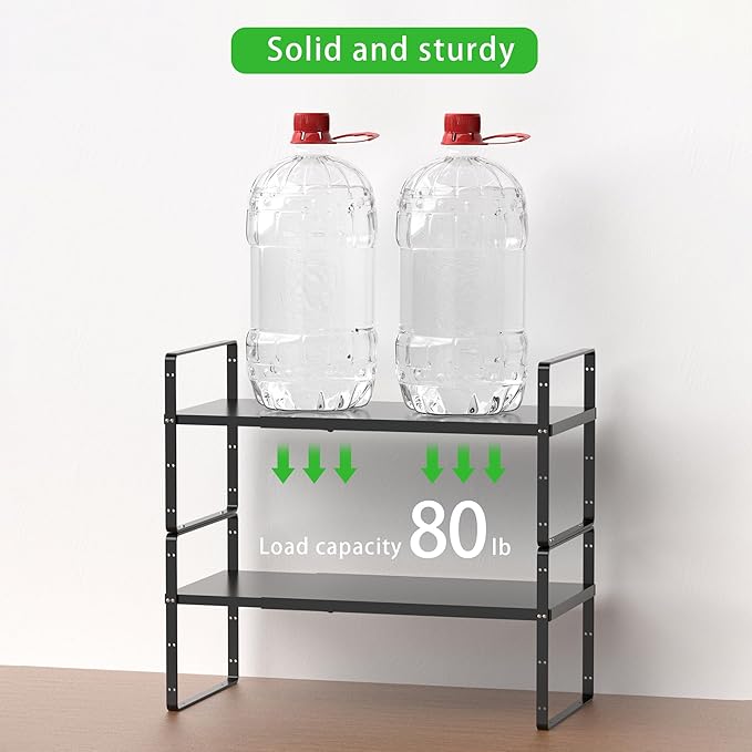Expandable Cabinet Storage Shelf Stackable Organizer Rack for Kitchen Bathroom Pantry Spice Cupboard Countertop Home Office Desk Heavy Duty Nonslip Black Large 3 PACK