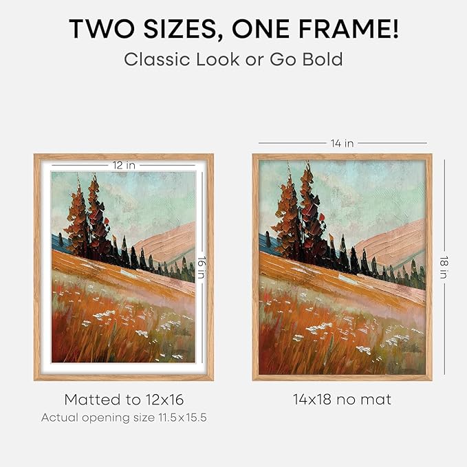 Homeforia 14x18 Picture Frame Natural Wood, High End Oak 14x18 Light Wooden Poster Frame with Mat 12x16, 14 x 18 Frames Matted to 12 x 16 Photo, 18x14 Hanging Frame, Tempered Glass, Wall Kit, Set of 2