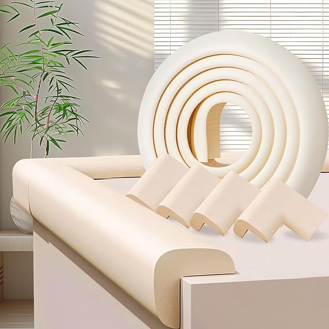 Baby Proofing Edge & Corner Protectors, 1 Roll White Foam L-Shape Self-Adhesive Bumper Strip + 4Corner Guards, Wall & Furniture Safety Bumpers for Nursery, Kitchen, Fireplace, Table, Desk