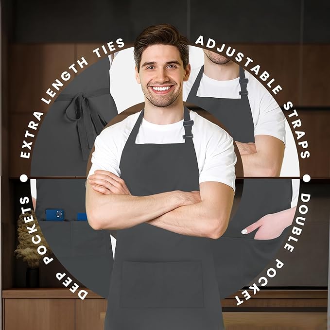 Adjustable Bib Apron 100% Polyester Kitchen Aprons Waterdrop Resistant Aprons with Adjustable Strap, Pockets & Long Ties