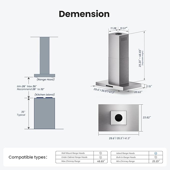 30 Inch Island Range Hood, 980 CFM Stainless Steel Ducted Island Mount Range Hood, Ceiling Mount Kitchen Vent Hood with Dual-Sided Touch/Gesture Control, Convertible Ducted/Ductless, 3-Speed Fan