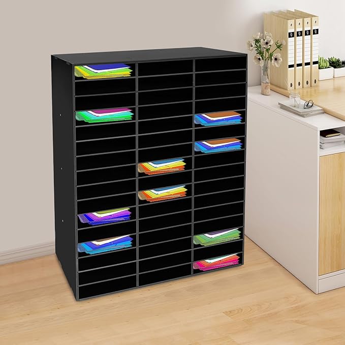 48 Compartments Literature Organizer,16 Layer Mail Sorter Organizer with Adjustable Shelves, File Sorter Mail Center Paper Storage Cabinet for Office Home (Black)