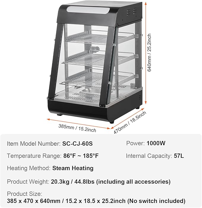 VEVOR 3-Tier Commercial Food Warmer Display, 1000W Food Display Warmer with Light, Adjustable Shelf and Temperature Display, 86℉~185℉ Steam Heating, 57L for Hamburger, Pizza, Bread, Fried Chicken