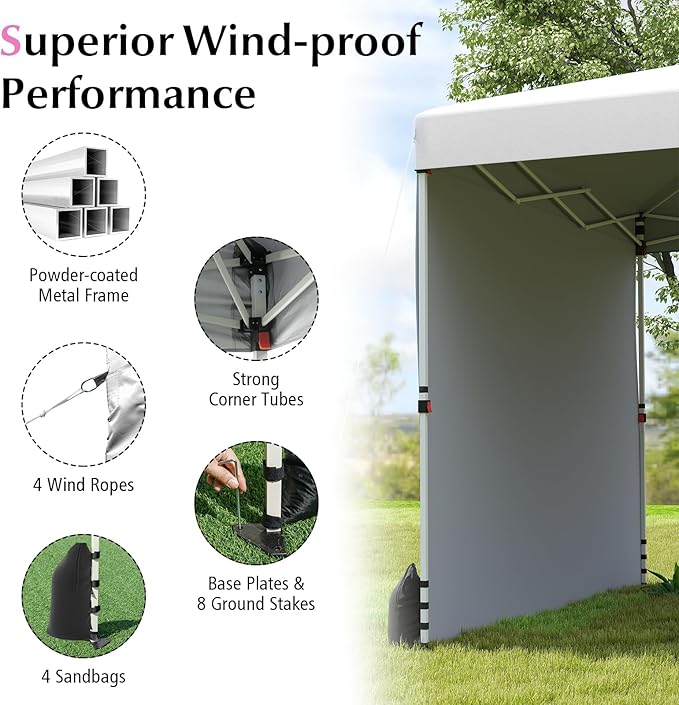Tangkula 10x10 FT Pop up Canopy with Sidewall, Easy Setup Outdoor Tent with Wheeled Bag, 4 Sandbags, 4 Ropes, 4 Anchors, 8 Stakes, Vented Top, Portable Canopy Tent for Party Event Patio (White)