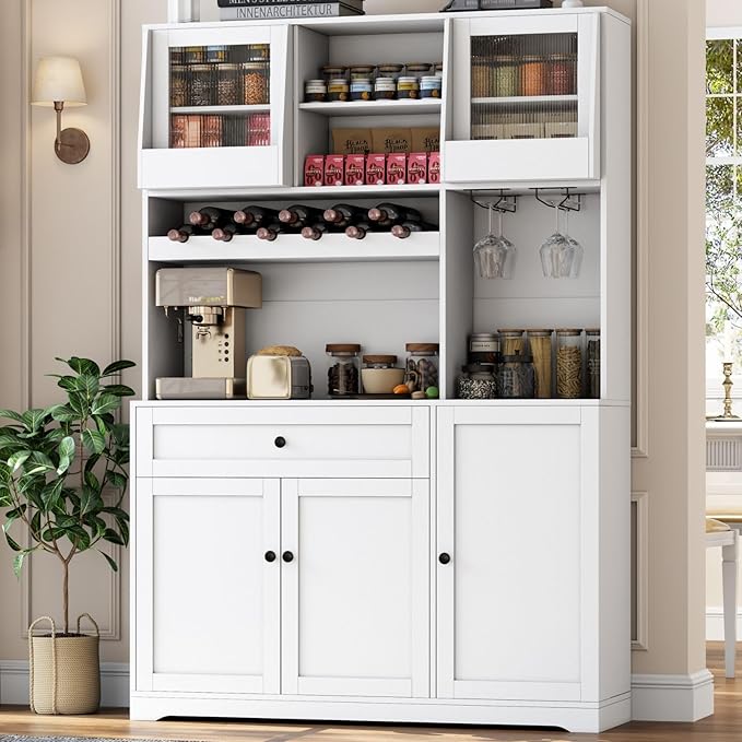 71" Pantry Cabinet with LED Light & Outlet, Kitchen Hutch Storage Cabinet with 6 Adjustable Shelves and 3 Hanging Rack Shelves,Food Pantry for Kitchen, Dining Room or Living Room, White