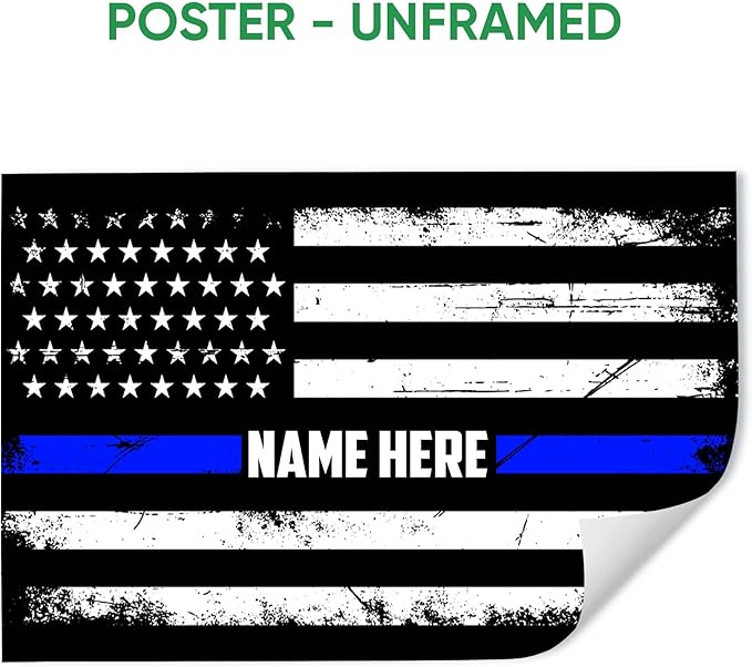 Custom Police Support Flag Thin Blue Line American Flag Back The Blue Personalized Name Poster & Framed Canvas, Wall Art Home Office Decoration Living Room Bedroom Aesthetic Decor