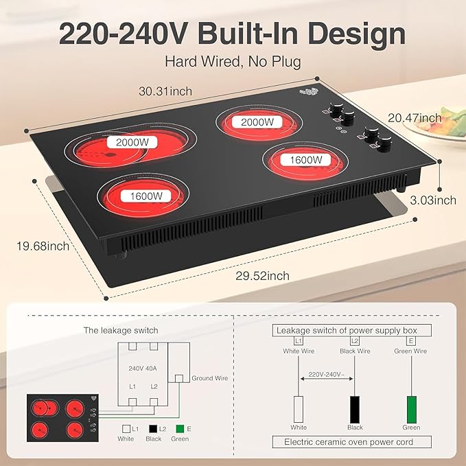 4 Burner Electric Cooktop,7200W Built-in & Countertop 30 inch stove top with 9 Power Levels, Child Safety Lock & 99 mins Timer, 30 inch Electric Cooktop 220-240V (No Plug)