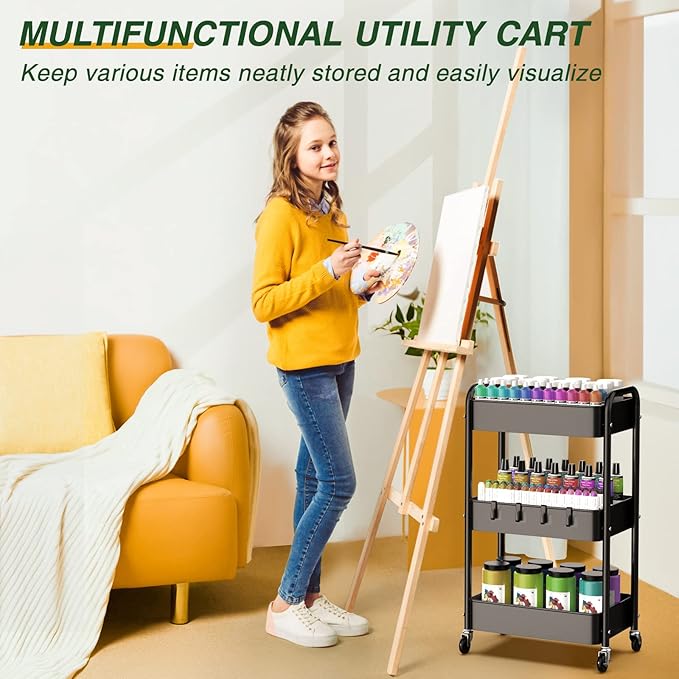 LEHOM 3 Tier Rolling Storage Cart, Metal Trolley Utility Cart with Wheels & Hooks, Easy Assembly Organizer Storage Cart for Bathroom Kitchen Office Bedroom