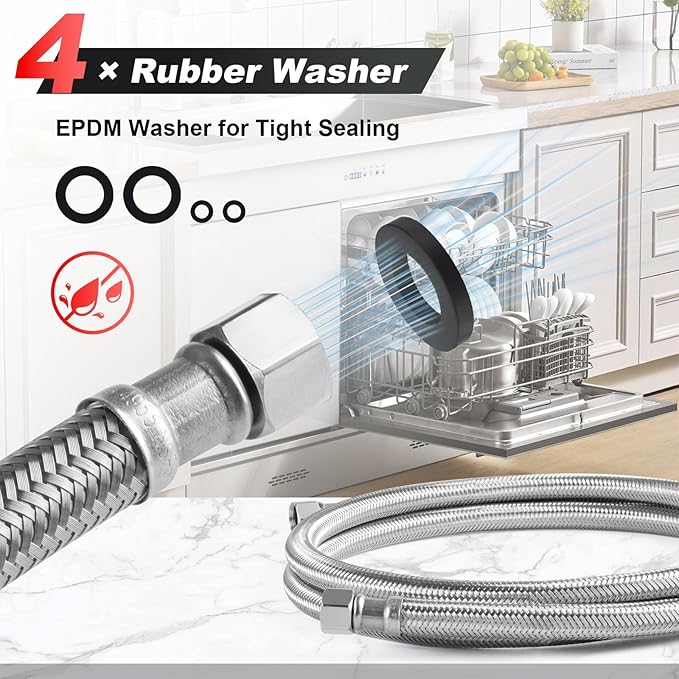 Dishwasher Installation Kit, 8ft,Dishwasher Water Supply Line, Stainless Steel Braided Burst Proof Hose ⅜"by⅜" Kit With Tee Stop Valve